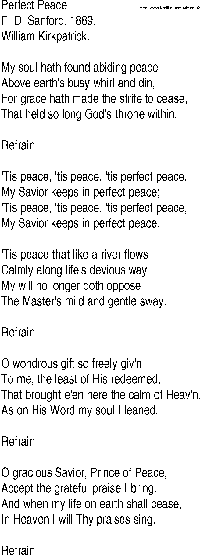 Hymn and Gospel Song: Perfect Peace by F D Sanford lyrics