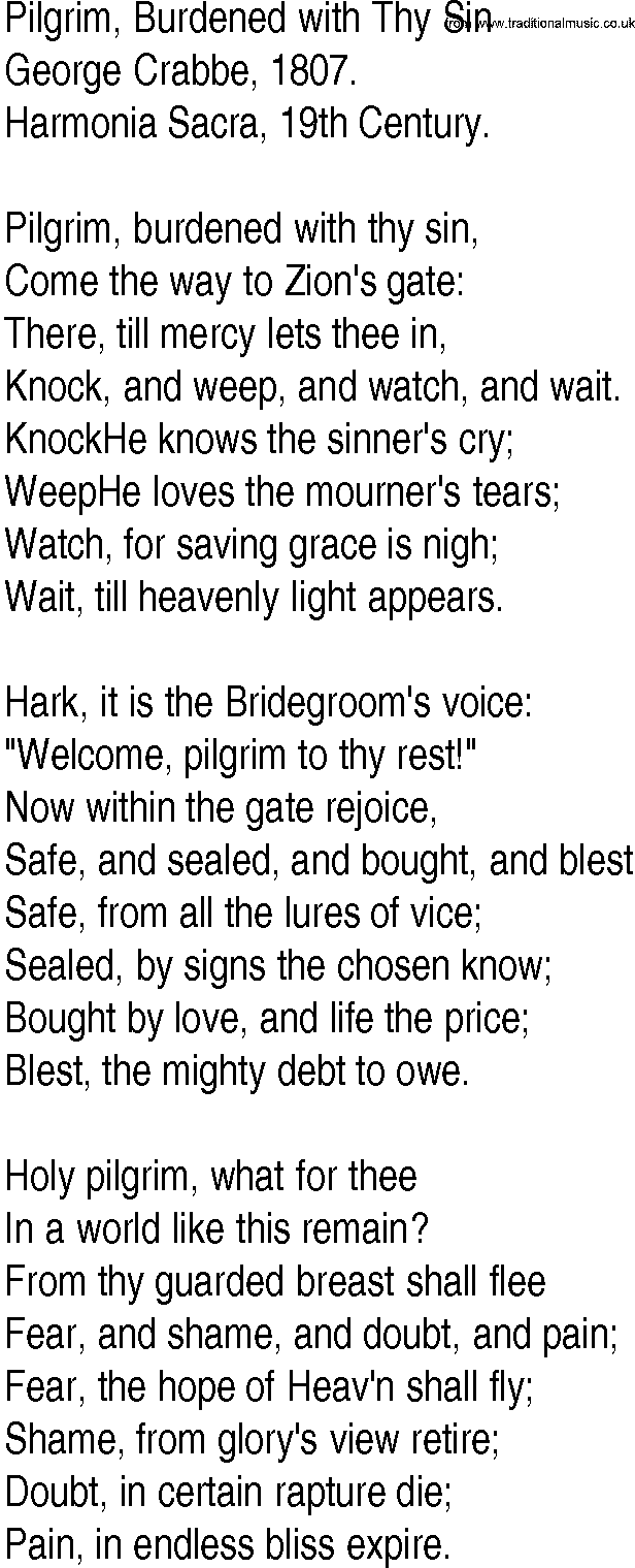 Hymn and Gospel Song: Pilgrim, Burdened with Thy Sin by George Crabbe lyrics