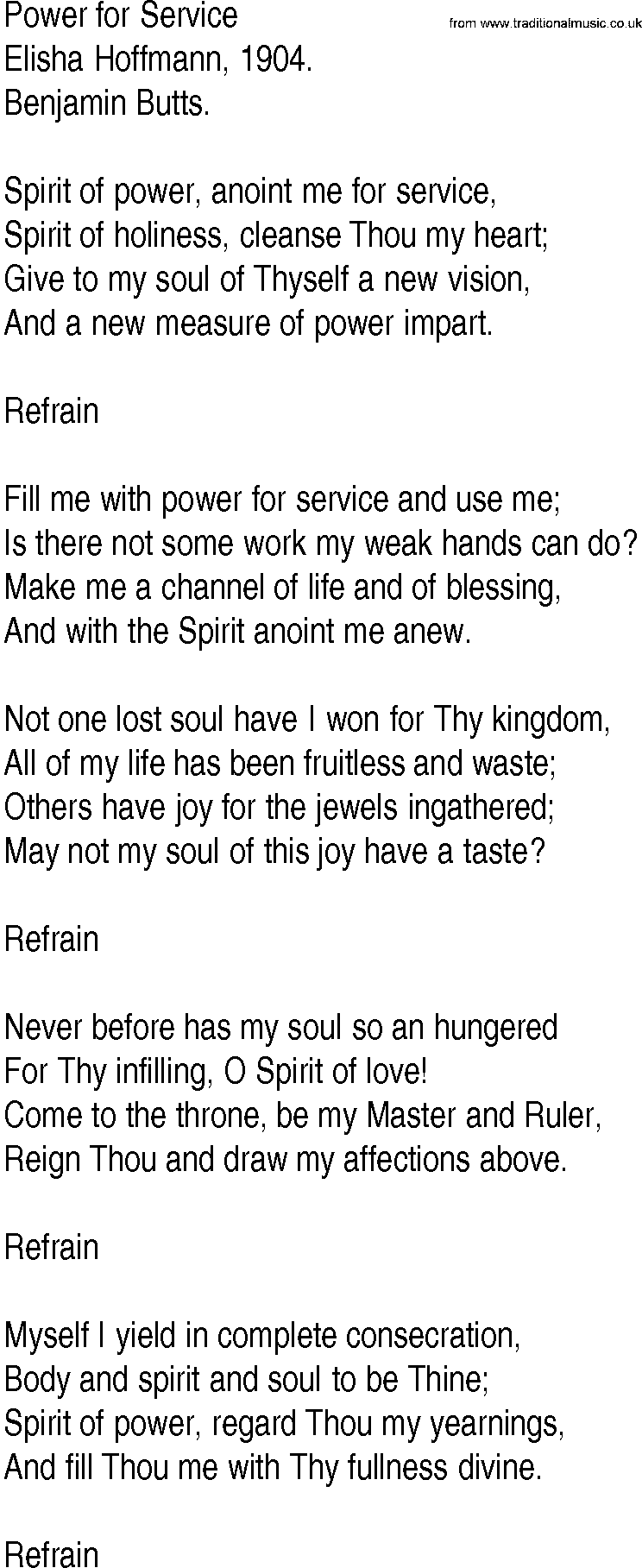 Hymn and Gospel Song: Power for Service by Elisha Hoffmann lyrics