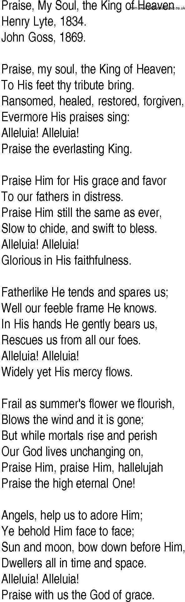 Hymn and Gospel Song: Praise, My Soul, the King of Heaven by Henry Lyte lyrics