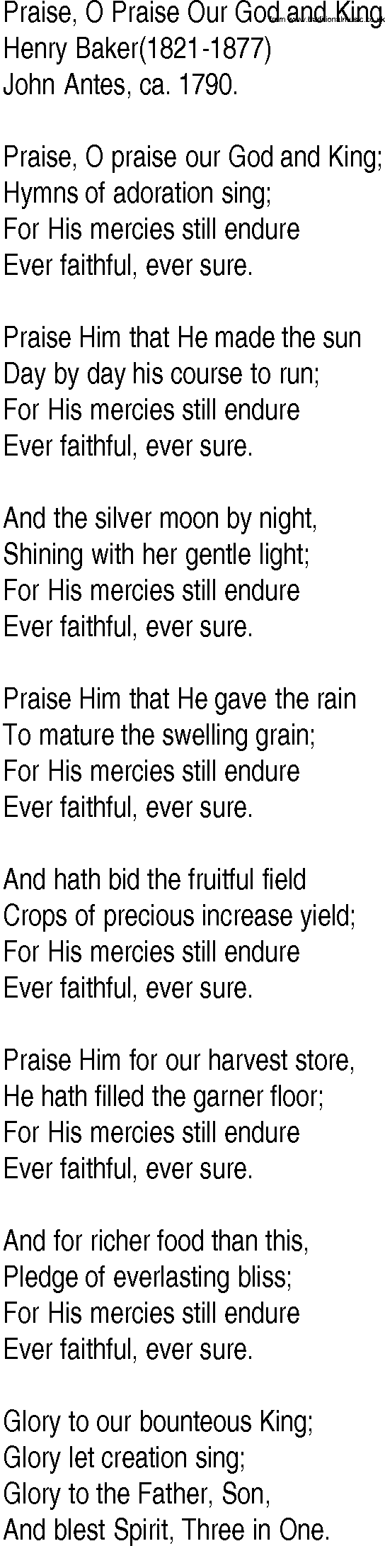 Hymn and Gospel Song: Praise, O Praise Our God and King by Henry Baker lyrics