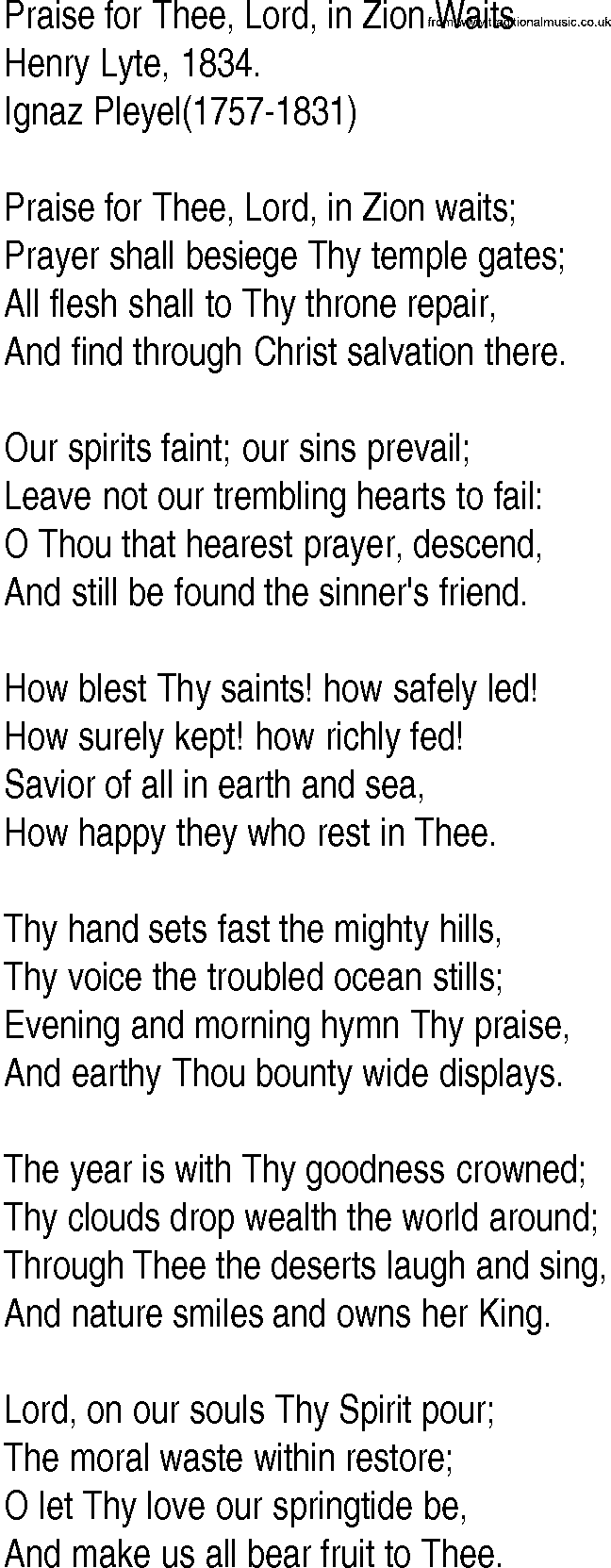 Hymn and Gospel Song: Praise for Thee, Lord, in Zion Waits by Henry Lyte lyrics
