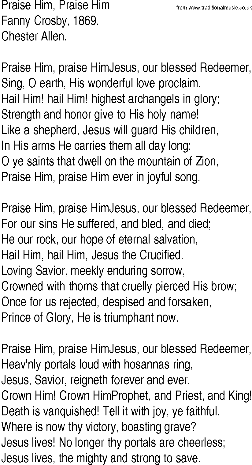 Hymn and Gospel Song: Praise Him, Praise Him by Fanny Crosby lyrics