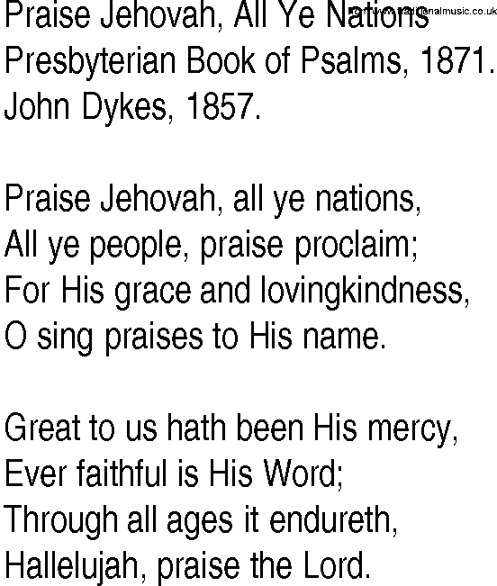 Hymn and Gospel Song: Praise Jehovah, All Ye Nations by Presbyterian Book of Psalms lyrics