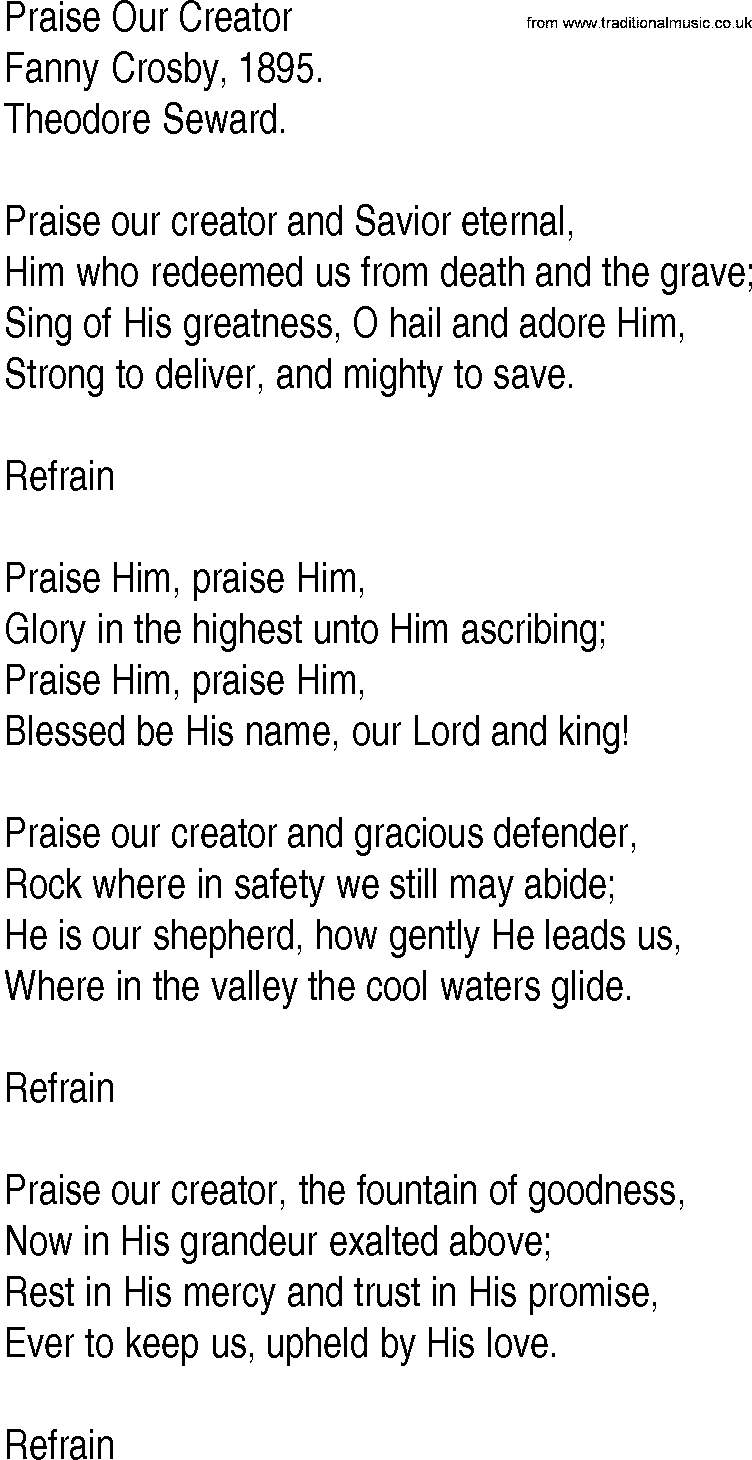 Hymn and Gospel Song: Praise Our Creator by Fanny Crosby lyrics