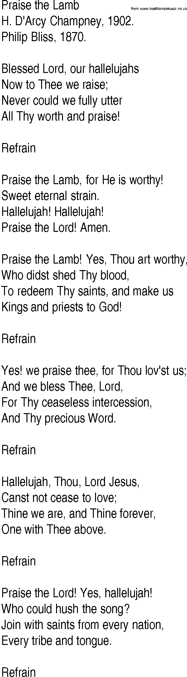 Hymn and Gospel Song: Praise the Lamb by H D'Arcy Champney lyrics