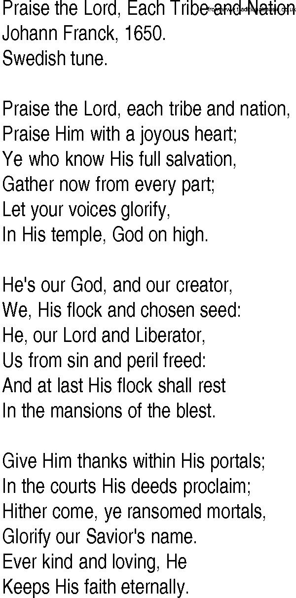 Hymn and Gospel Song: Praise the Lord, Each Tribe and Nation by Johann Franck lyrics