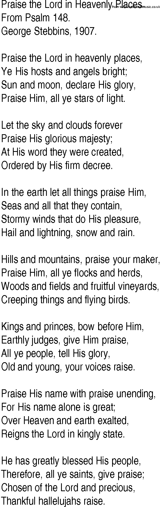 Hymn and Gospel Song: Praise the Lord in Heavenly Places by From Psalm lyrics