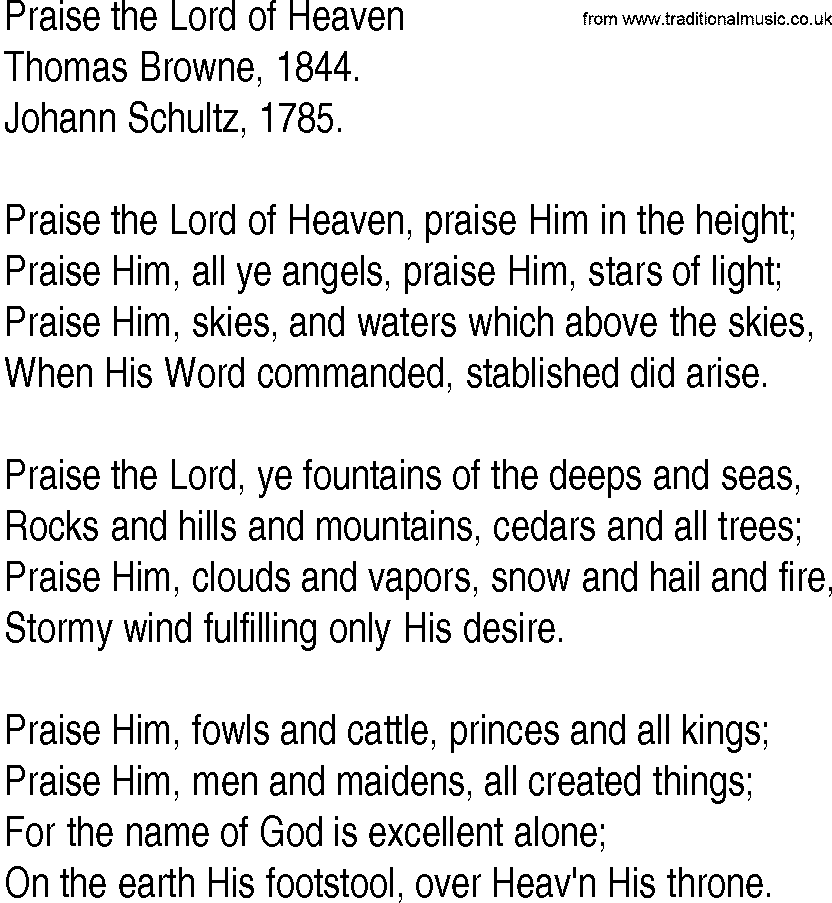 Hymn and Gospel Song: Praise the Lord of Heaven by Thomas Browne lyrics