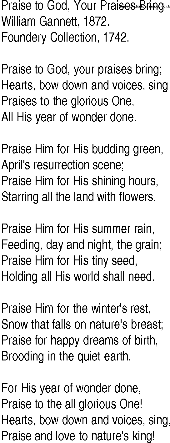 Hymn and Gospel Song: Praise to God, Your Praises Bring by William Gannett lyrics