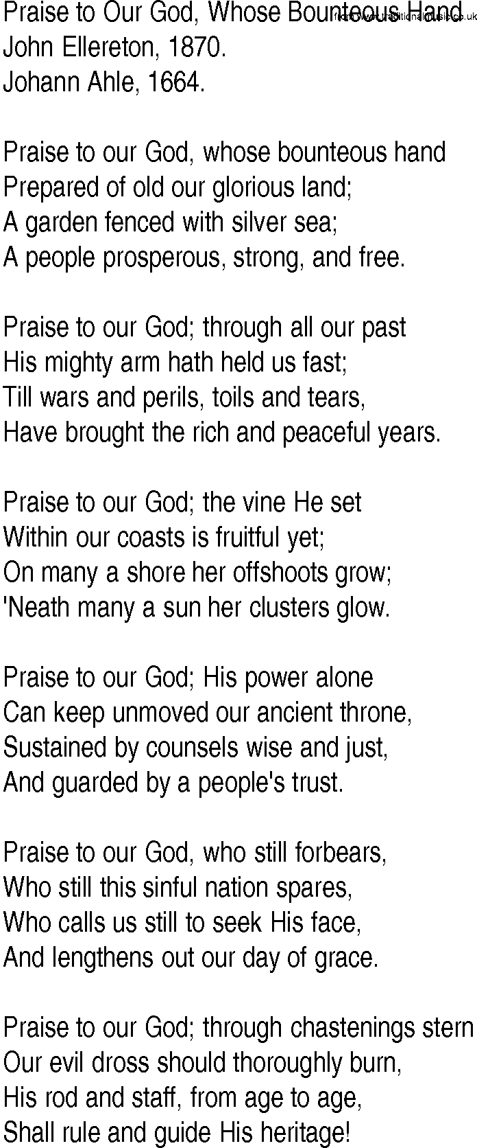 Hymn and Gospel Song: Praise to Our God, Whose Bounteous Hand by John Ellereton lyrics