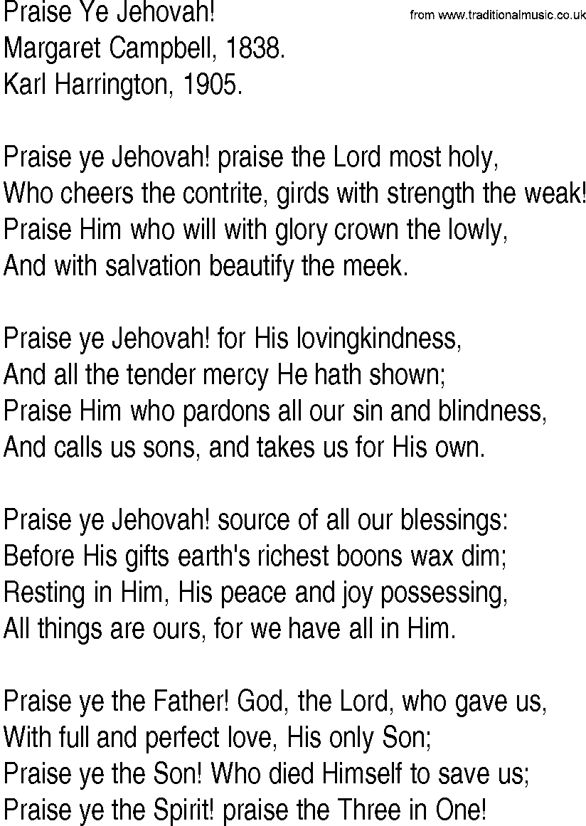 Hymn and Gospel Song: Praise Ye Jehovah! by Margaret Campbell lyrics