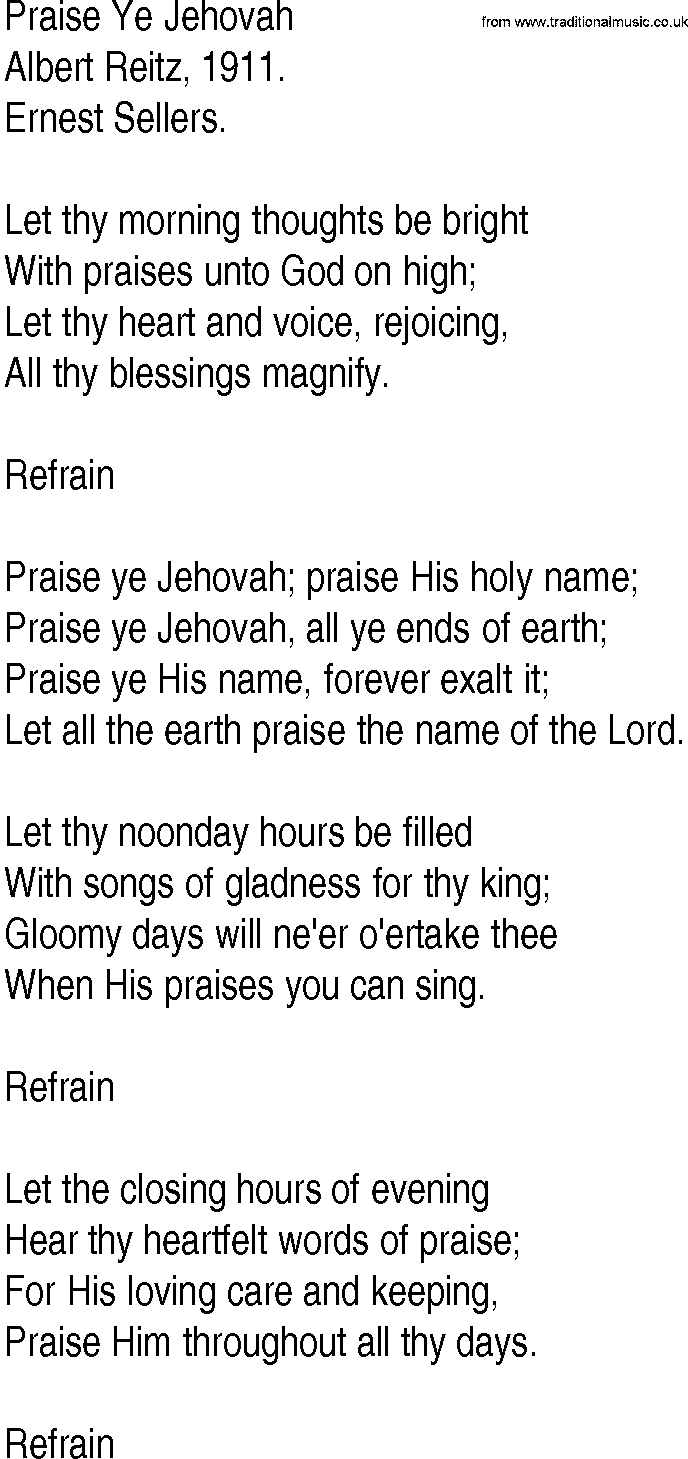 Hymn and Gospel Song: Praise Ye Jehovah by Albert Reitz lyrics