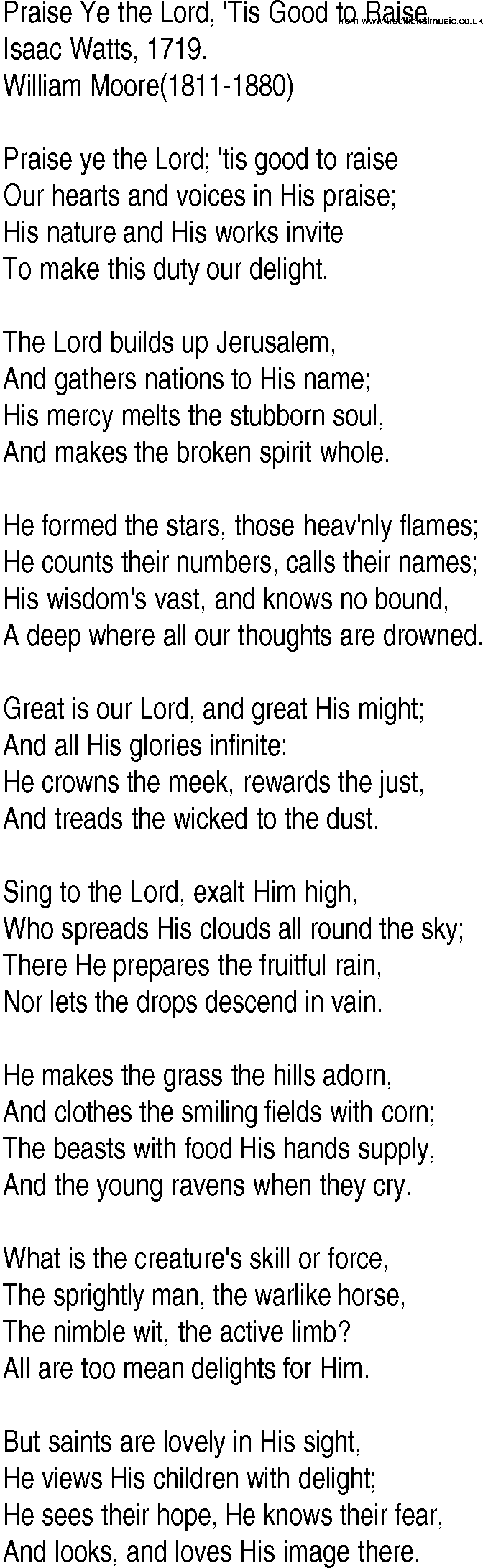 Hymn and Gospel Song: Praise Ye the Lord, 'Tis Good to Raise by Isaac Watts lyrics