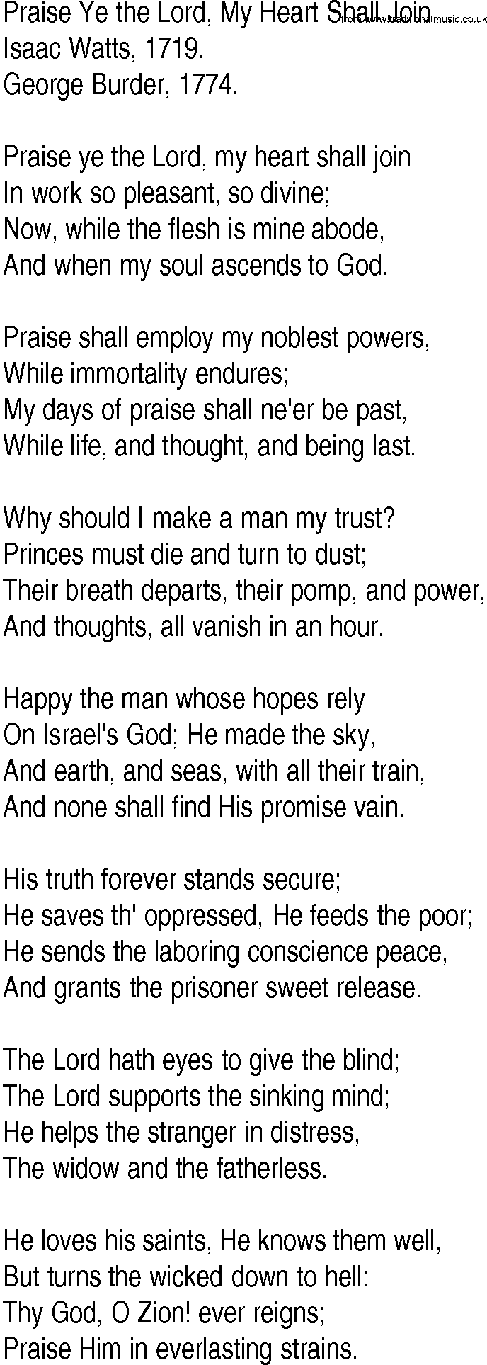 Hymn and Gospel Song: Praise Ye the Lord, My Heart Shall Join by Isaac Watts lyrics