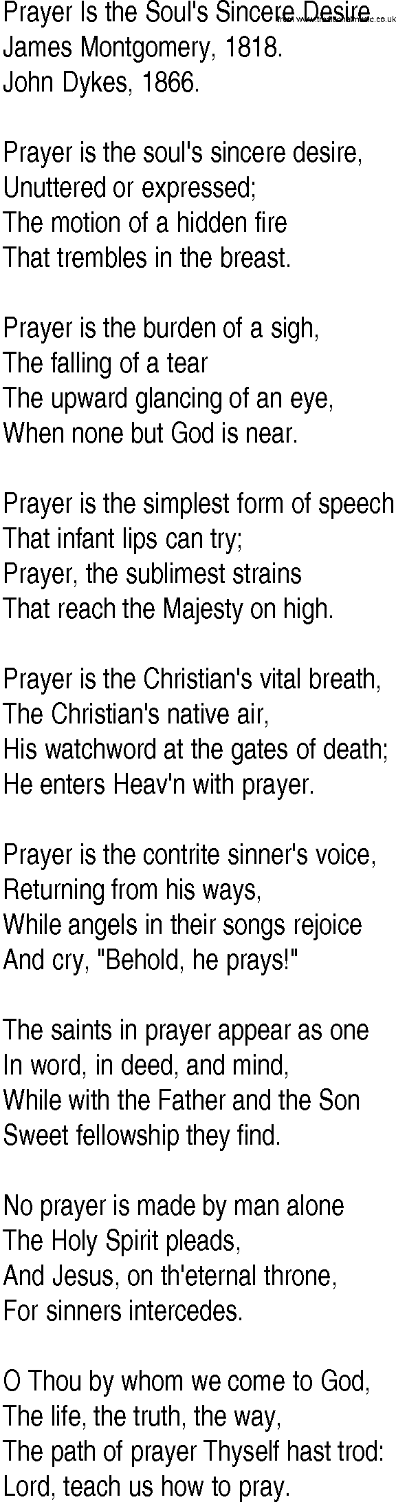 Hymn and Gospel Song: Prayer Is the Soul's Sincere Desire by James Montgomery lyrics