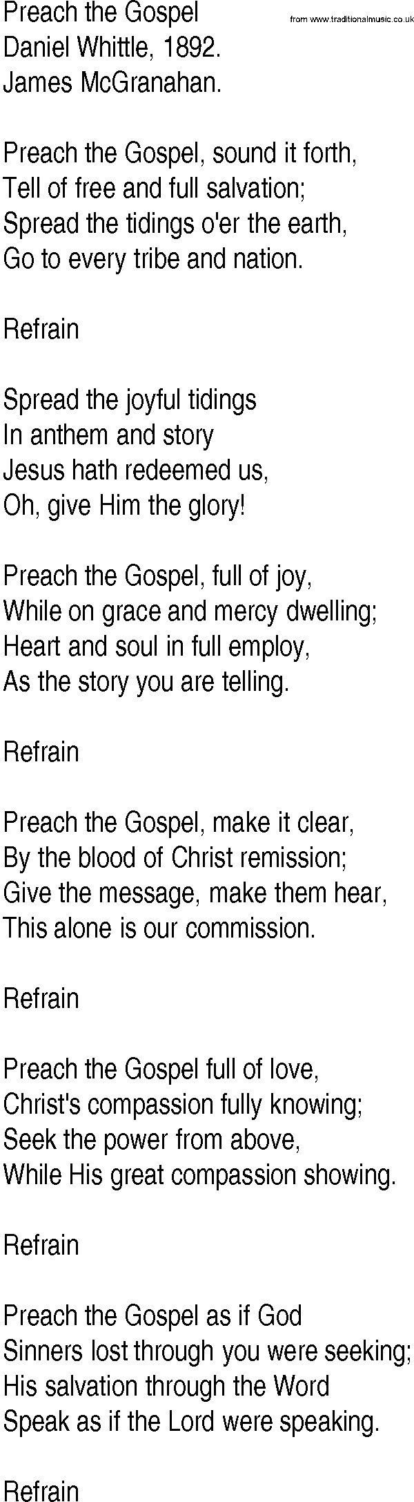 Hymn and Gospel Song: Preach the Gospel by Daniel Whittle lyrics