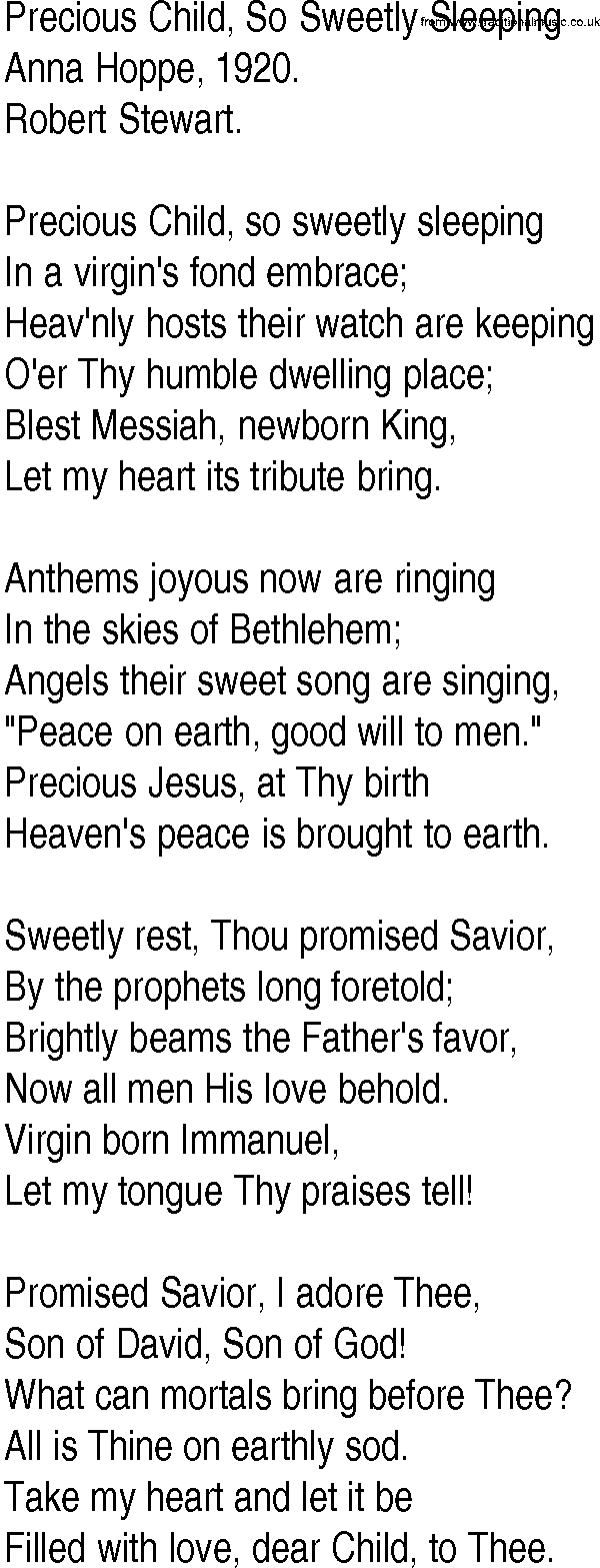 Hymn and Gospel Song: Precious Child, So Sweetly Sleeping by Anna Hoppe lyrics