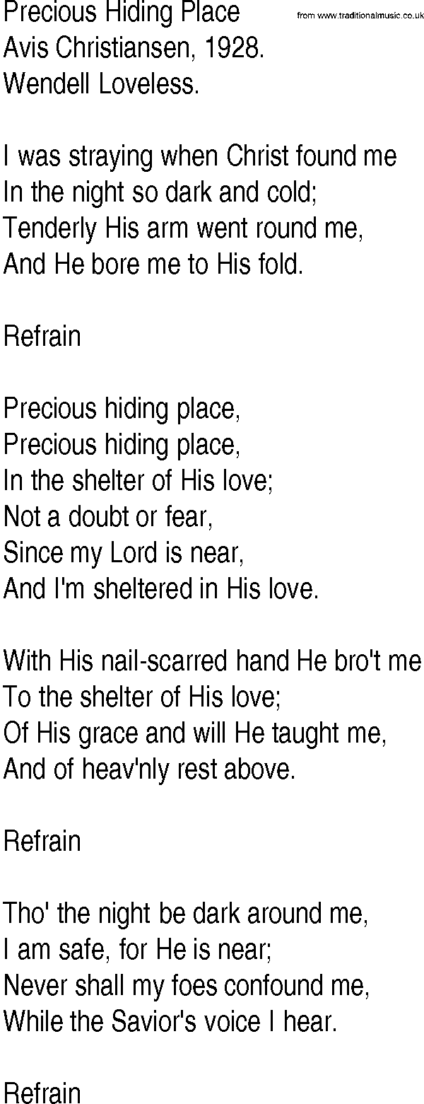 Hymn and Gospel Song: Precious Hiding Place by Avis Christiansen lyrics