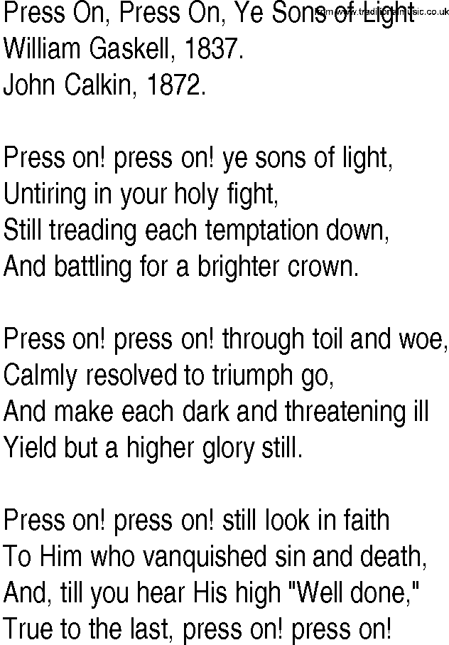 Hymn and Gospel Song: Press On, Press On, Ye Sons of Light by William Gaskell lyrics