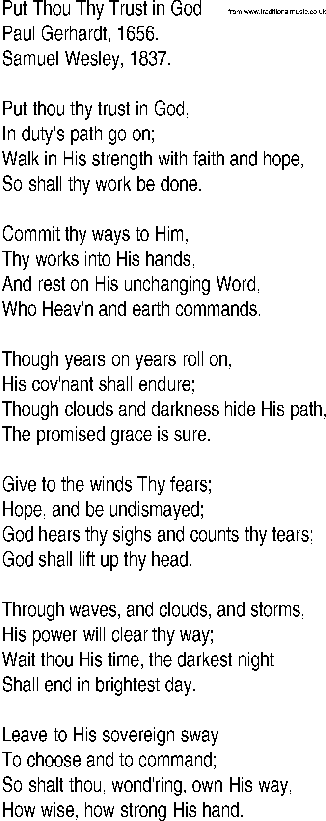 Hymn and Gospel Song: Put Thou Thy Trust in God by Paul Gerhardt lyrics