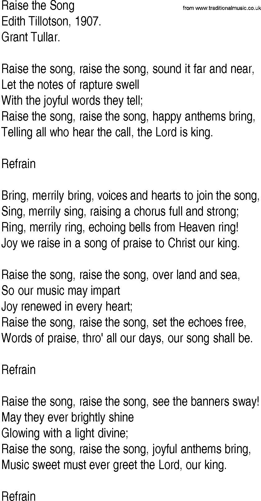 Hymn and Gospel Song: Raise the Song by Edith Tillotson lyrics