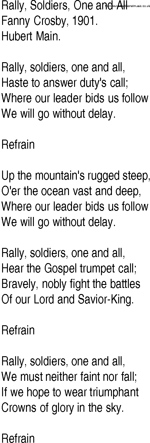 Hymn and Gospel Song: Rally, Soldiers, One and All by Fanny Crosby lyrics
