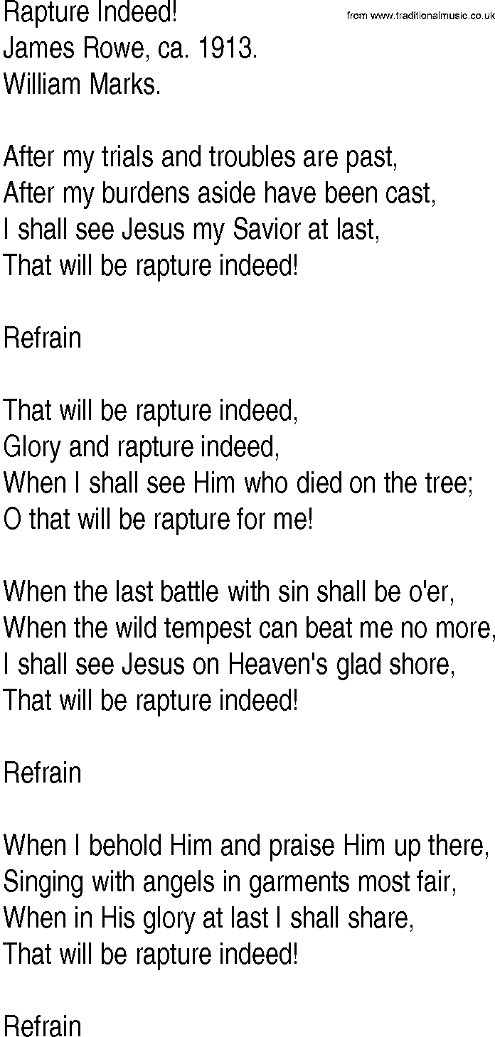 Hymn and Gospel Song: Rapture Indeed! by James Rowe ca lyrics