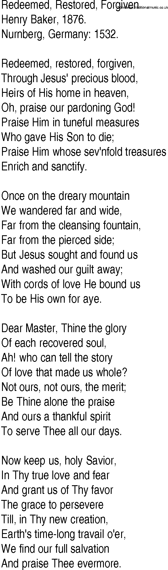 Hymn and Gospel Song: Redeemed, Restored, Forgiven by Henry Baker lyrics