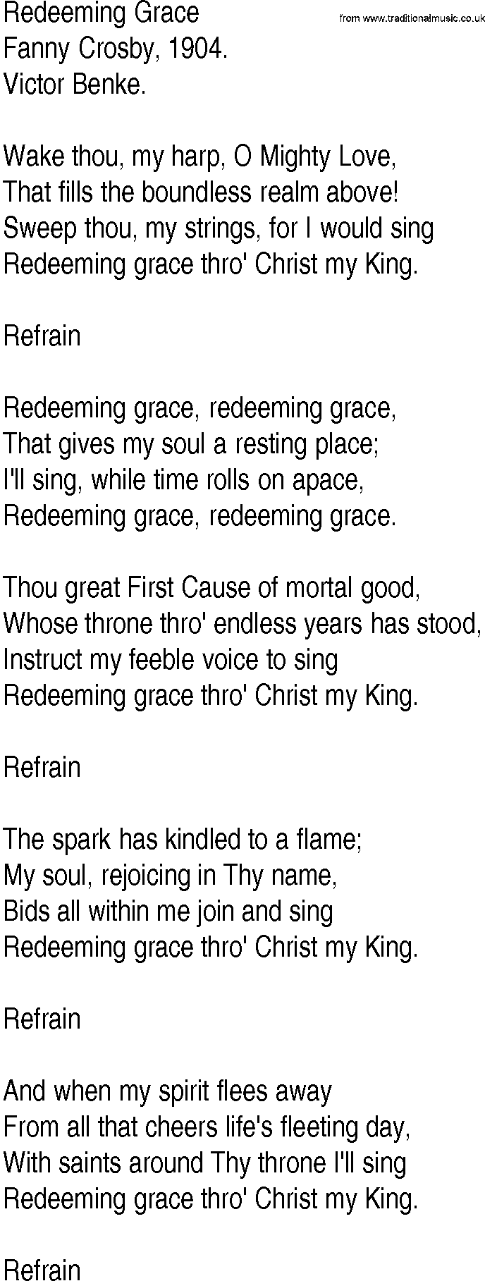 Hymn and Gospel Song: Redeeming Grace by Fanny Crosby lyrics