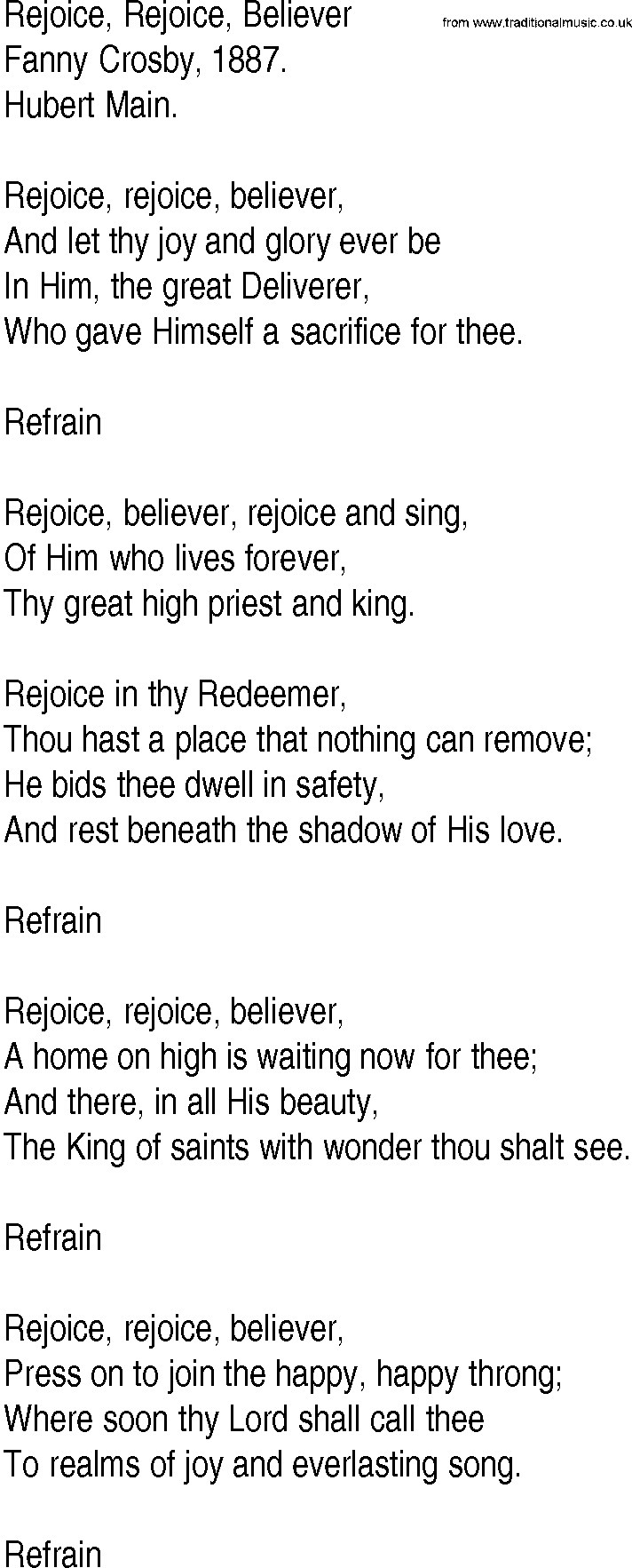 Hymn And Gospel Song Lyrics For Rejoice Rejoice Believer By