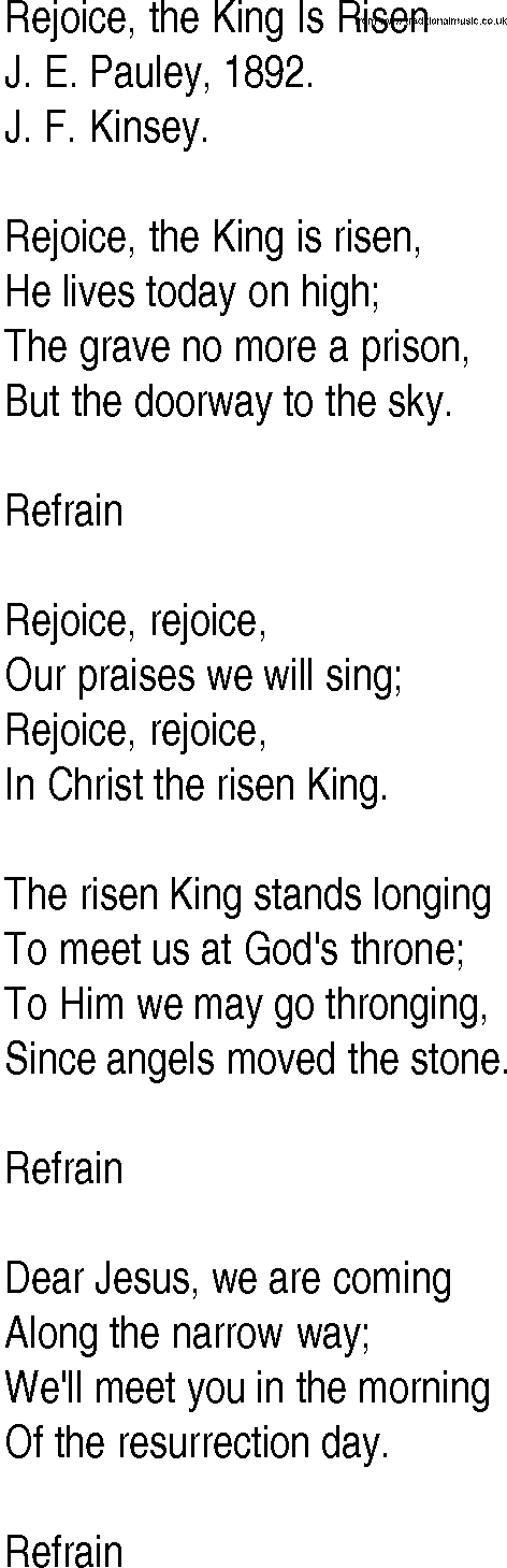Hymn and Gospel Song: Rejoice, the King Is Risen by J E Pauley lyrics