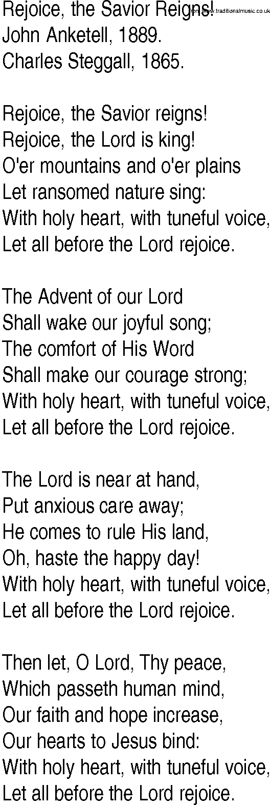 Hymn and Gospel Song: Rejoice, the Savior Reigns! by John Anketell lyrics
