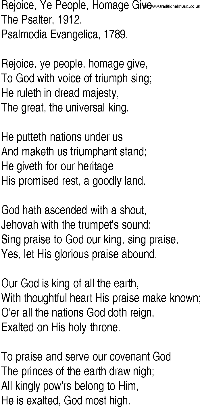 Hymn and Gospel Song: Rejoice, Ye People, Homage Give by The Psalter lyrics