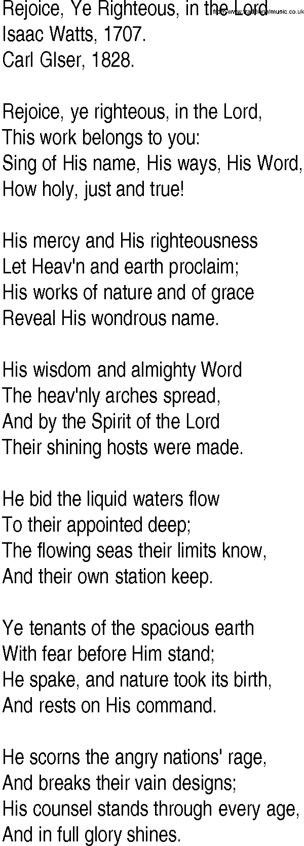 Hymn and Gospel Song: Rejoice, Ye Righteous, in the Lord by Isaac Watts lyrics