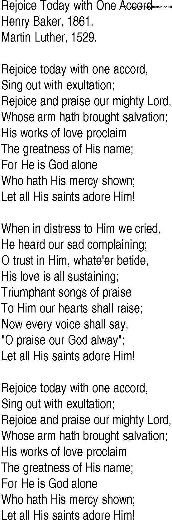 Hymn and Gospel Song: Rejoice Today with One Accord by Henry Baker lyrics