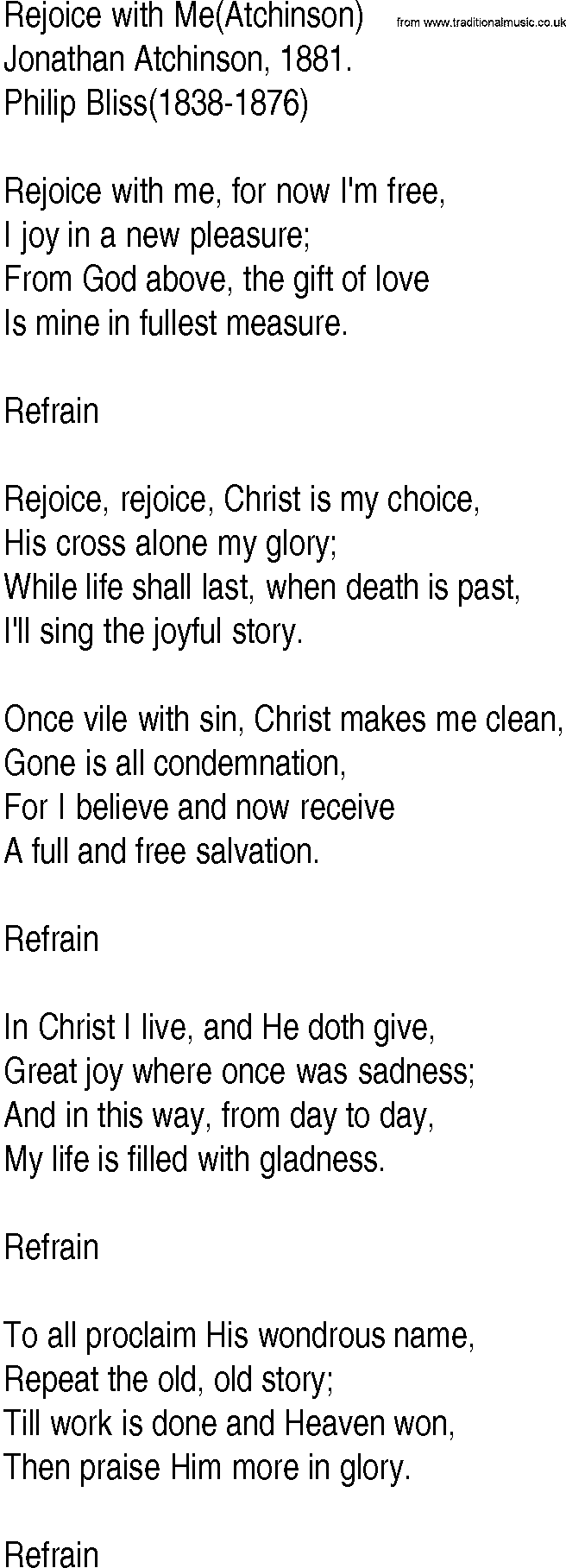 Hymn and Gospel Song: Rejoice with Me(Atchinson) by Jonathan Atchinson lyrics