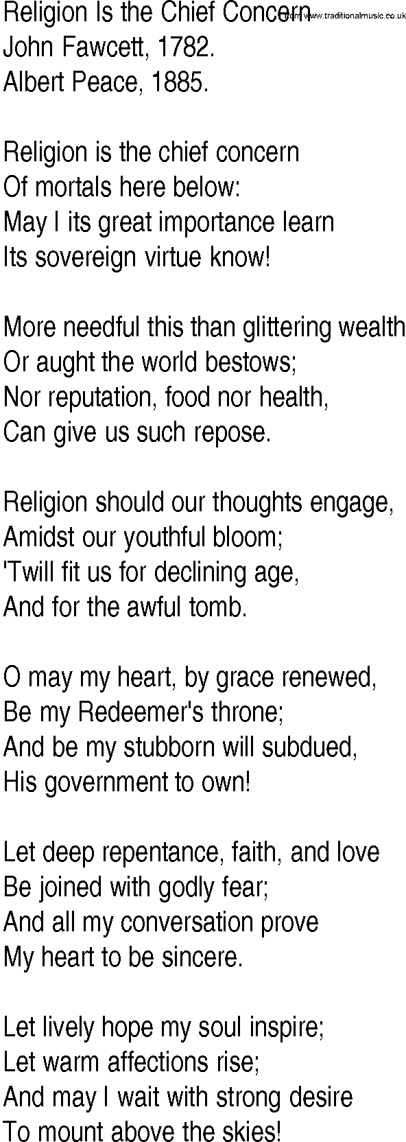 Hymn and Gospel Song: Religion Is the Chief Concern by John Fawcett lyrics