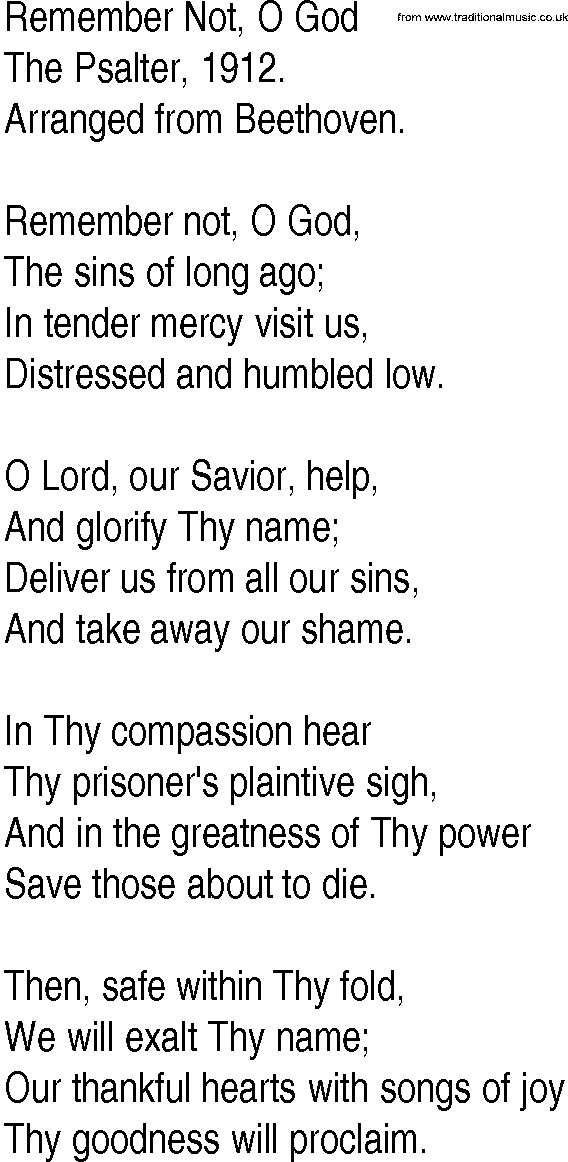 Hymn and Gospel Song: Remember Not, O God by The Psalter lyrics