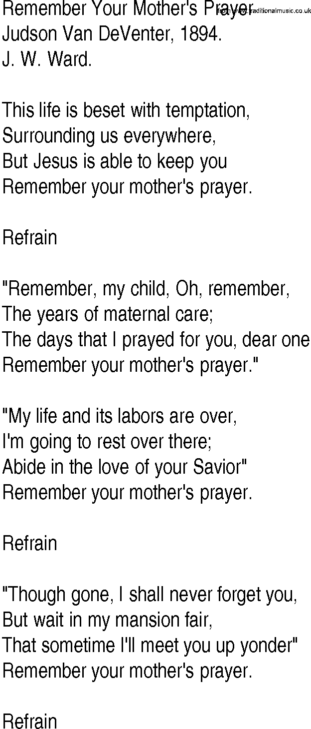 Hymn and Gospel Song: Remember Your Mother's Prayer by Judson Van DeVenter lyrics