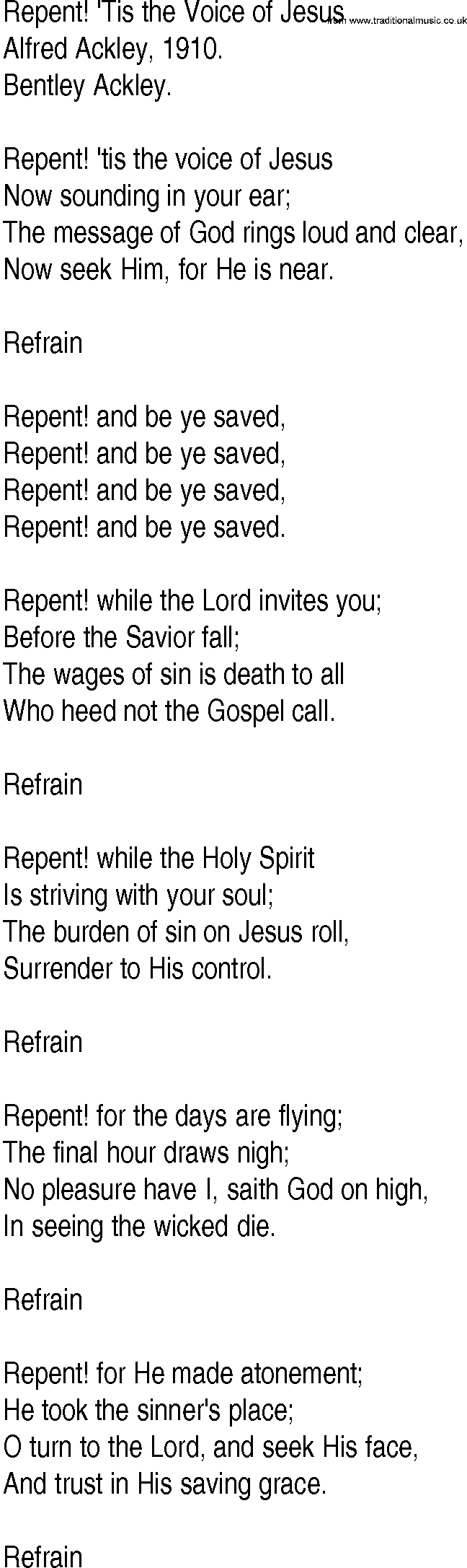 Hymn and Gospel Song: Repent! 'Tis the Voice of Jesus by Alfred Ackley lyrics