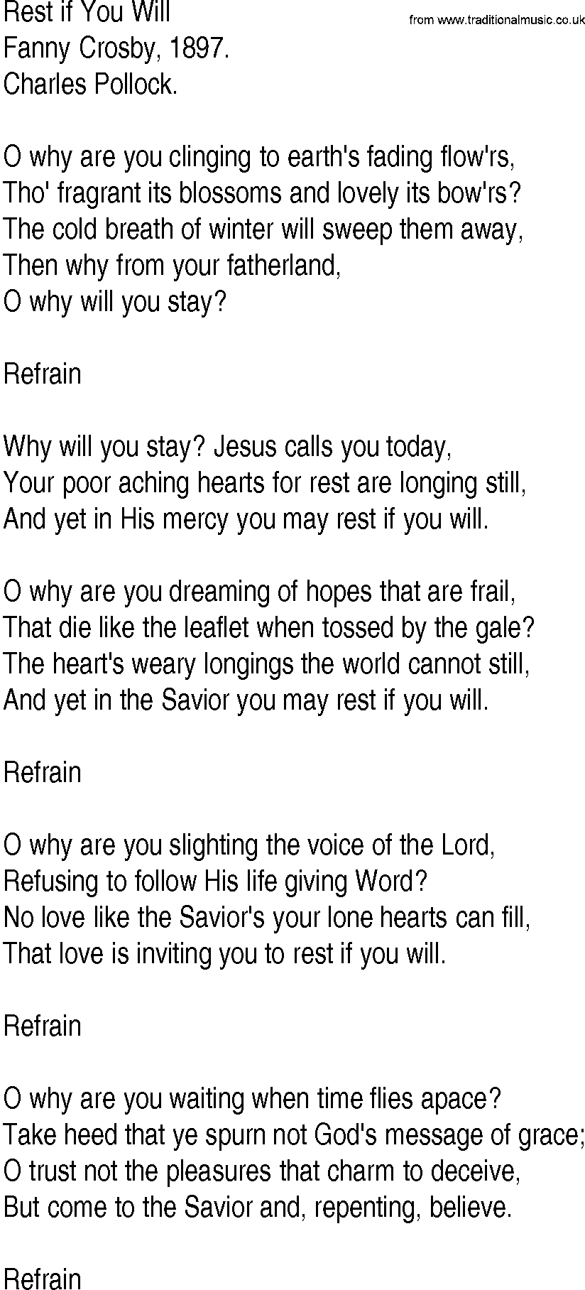 Hymn and Gospel Song: Rest if You Will by Fanny Crosby lyrics