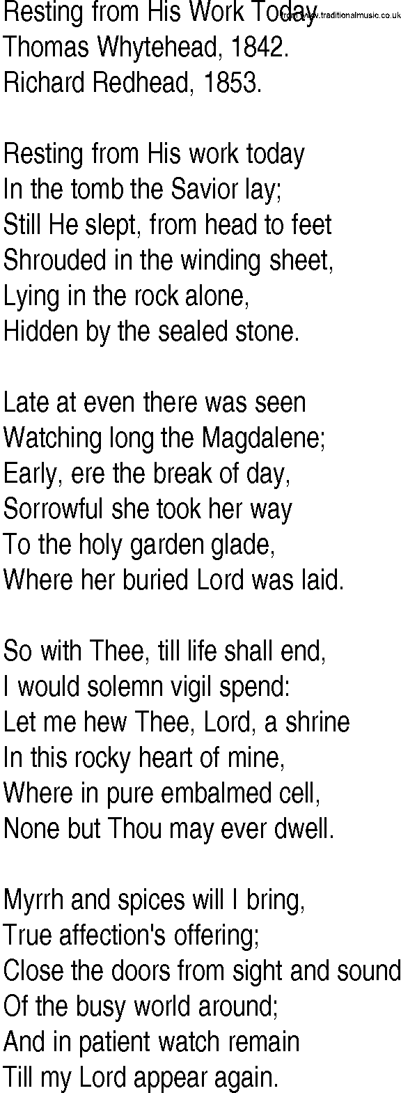 Hymn and Gospel Song: Resting from His Work Today by Thomas Whytehead lyrics
