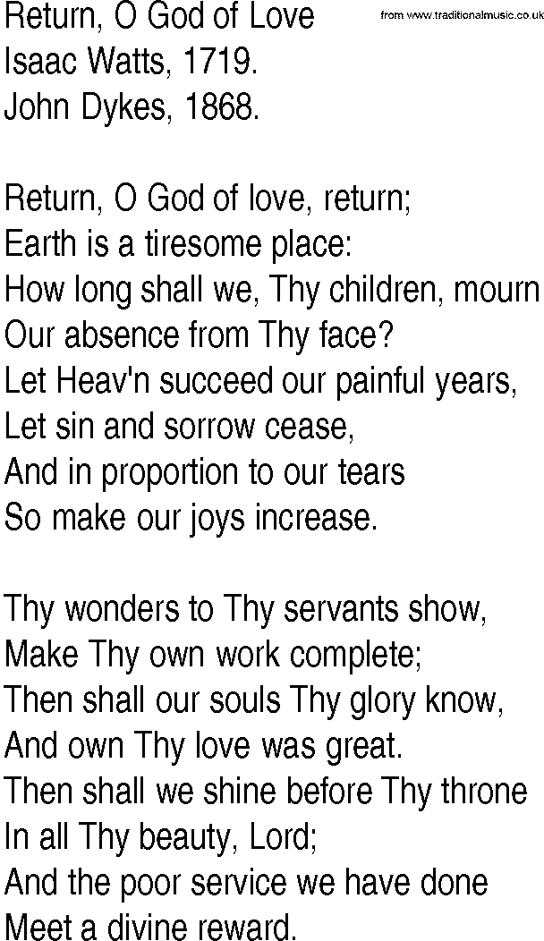 Hymn and Gospel Song: Return, O God of Love by Isaac Watts lyrics