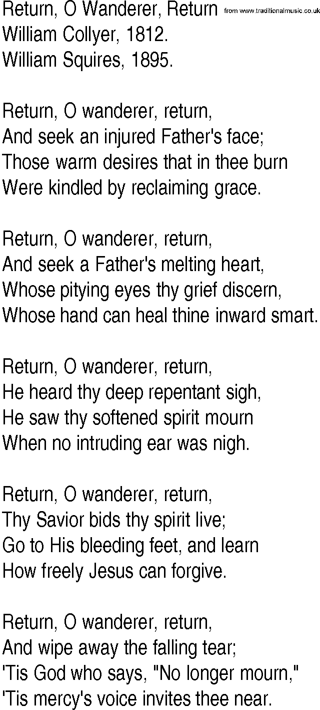 Hymn and Gospel Song: Return, O Wanderer, Return by William Collyer lyrics