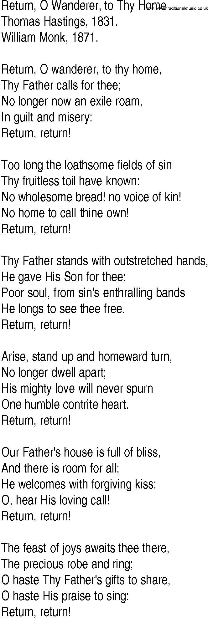 Hymn and Gospel Song: Return, O Wanderer, to Thy Home by Thomas Hastings lyrics