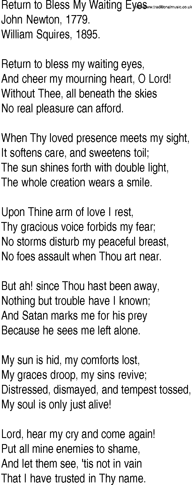 Hymn and Gospel Song: Return to Bless My Waiting Eyes by John Newton lyrics