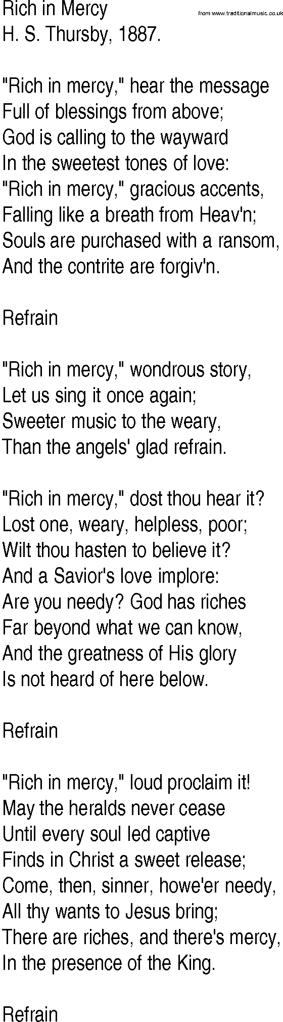 Hymn and Gospel Song: Rich in Mercy by H S Thursby lyrics