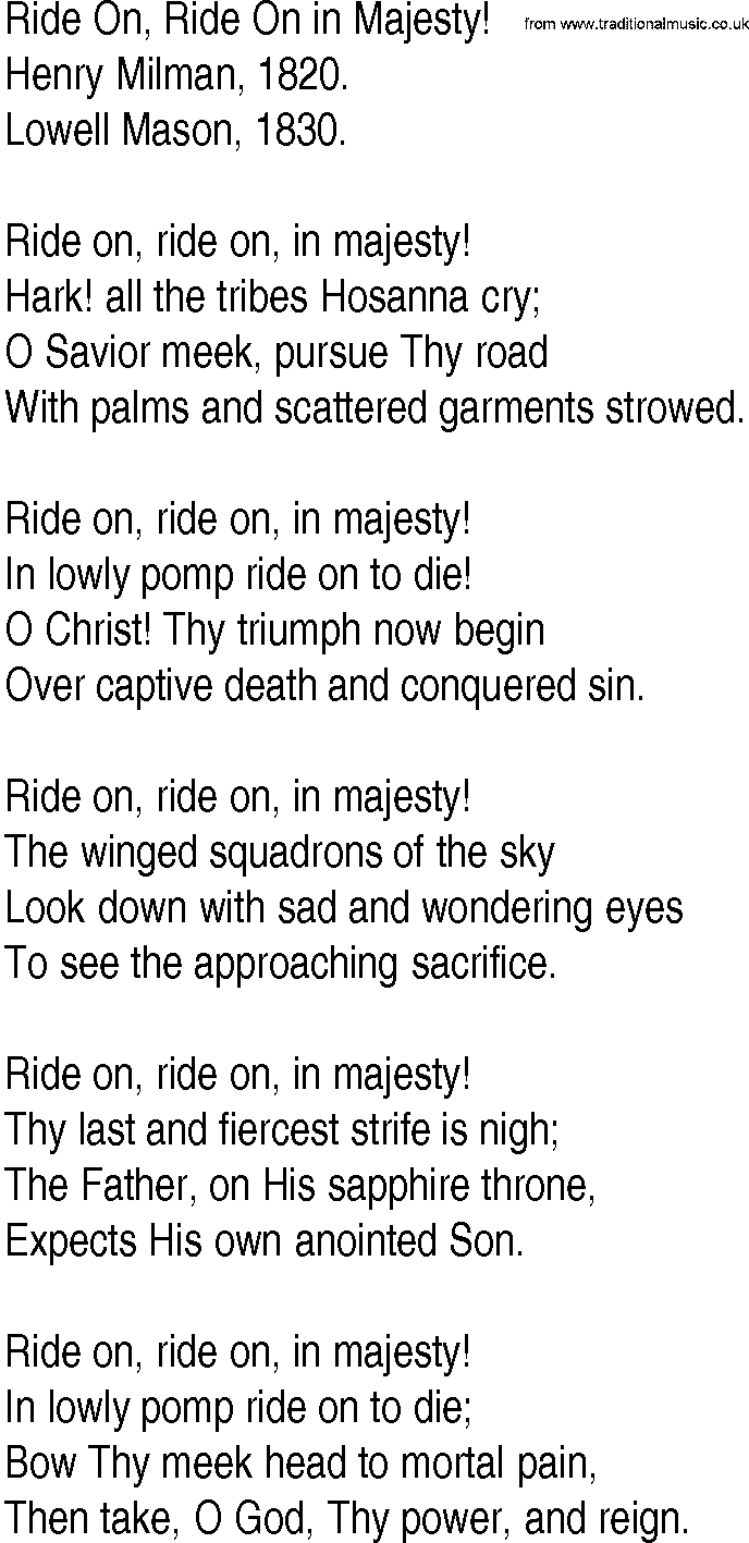 Hymn and Gospel Song: Ride On, Ride On in Majesty! by Henry Milman lyrics
