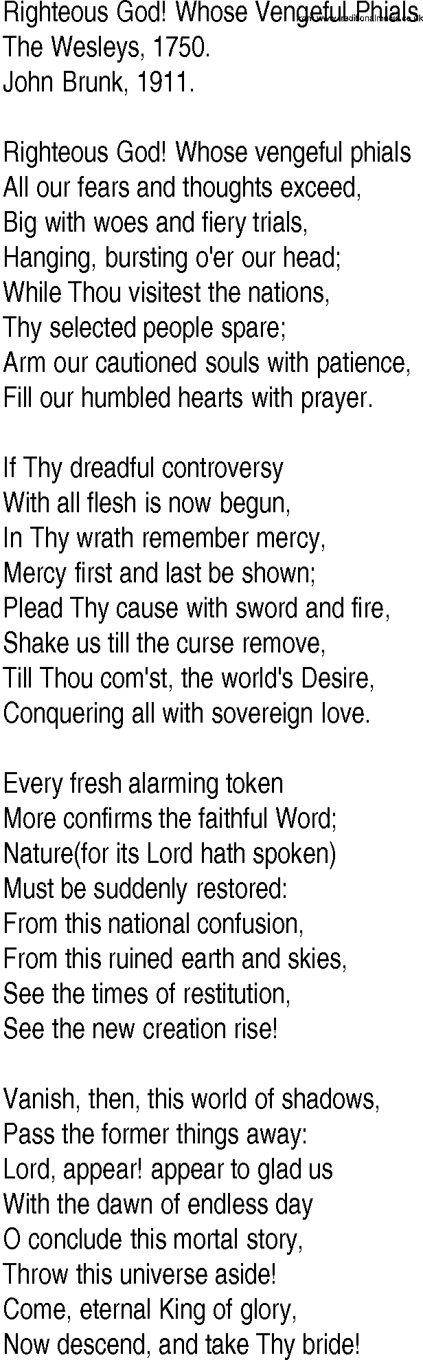 Hymn and Gospel Song: Righteous God! Whose Vengeful Phials by The Wesleys lyrics